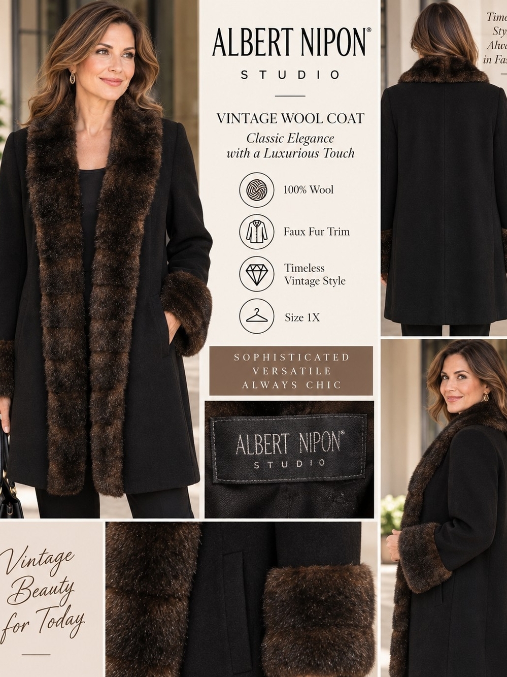 Albert Nipon Black Wool Trench Coat with Brown Faux Fur Trim Vintage Sz 1X